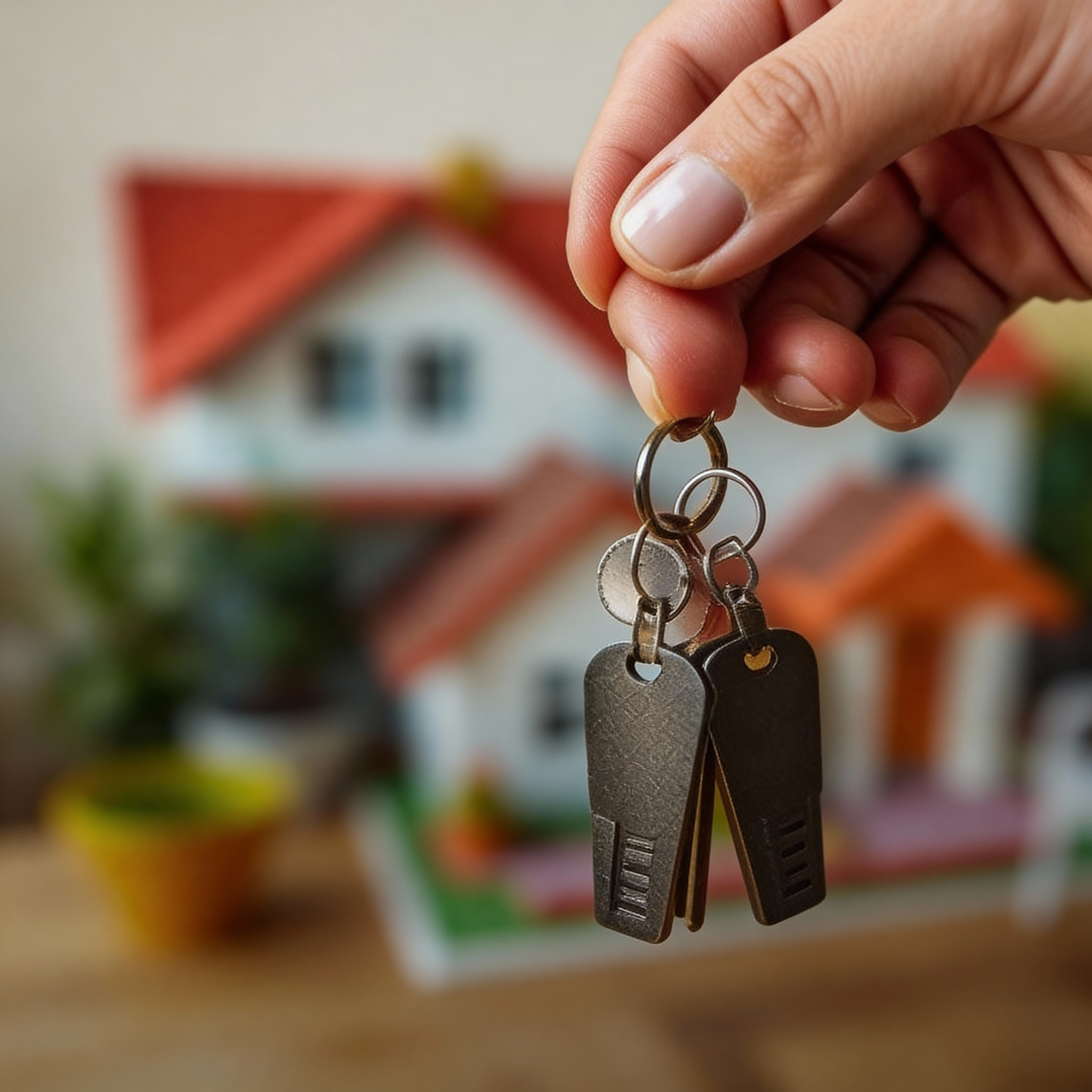 Hand holding house keys with a home model in the background
