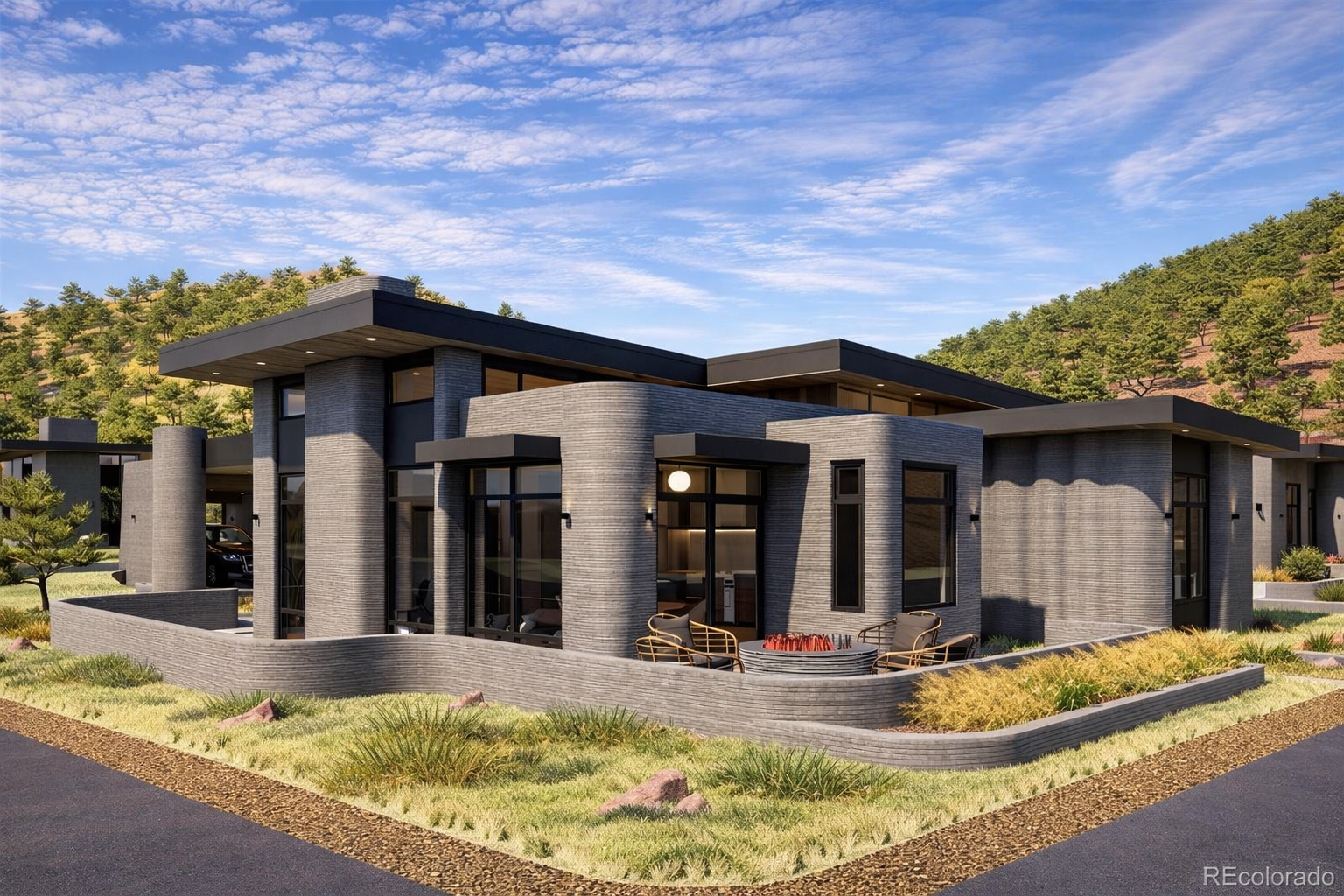 Modern architectural rendering of the Cleora 3D development with contemporary homes and mountain foothills