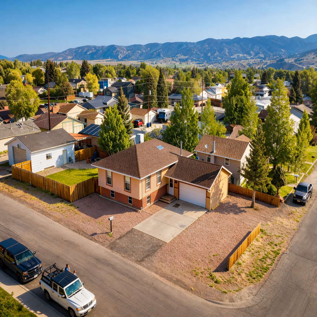 Aerial view of a Downtown Salida neighborhood with mountains in the distance