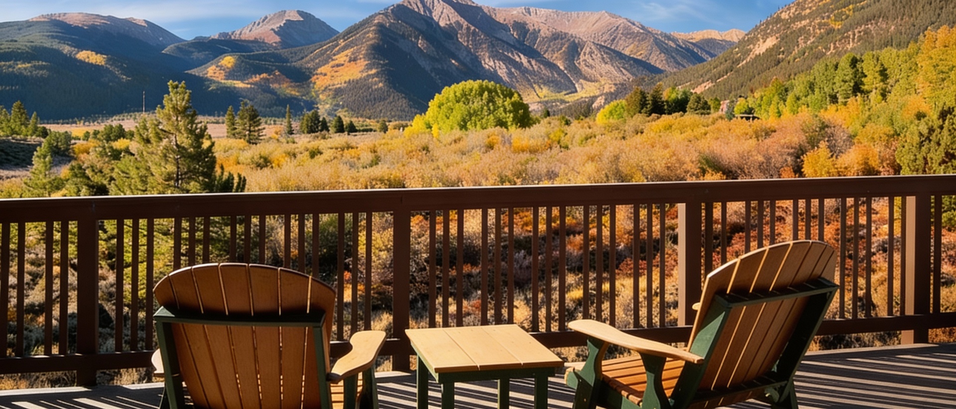 Adirondack chairs on a deck overlooking aspen-covered mountains in the Arkansas Valley
