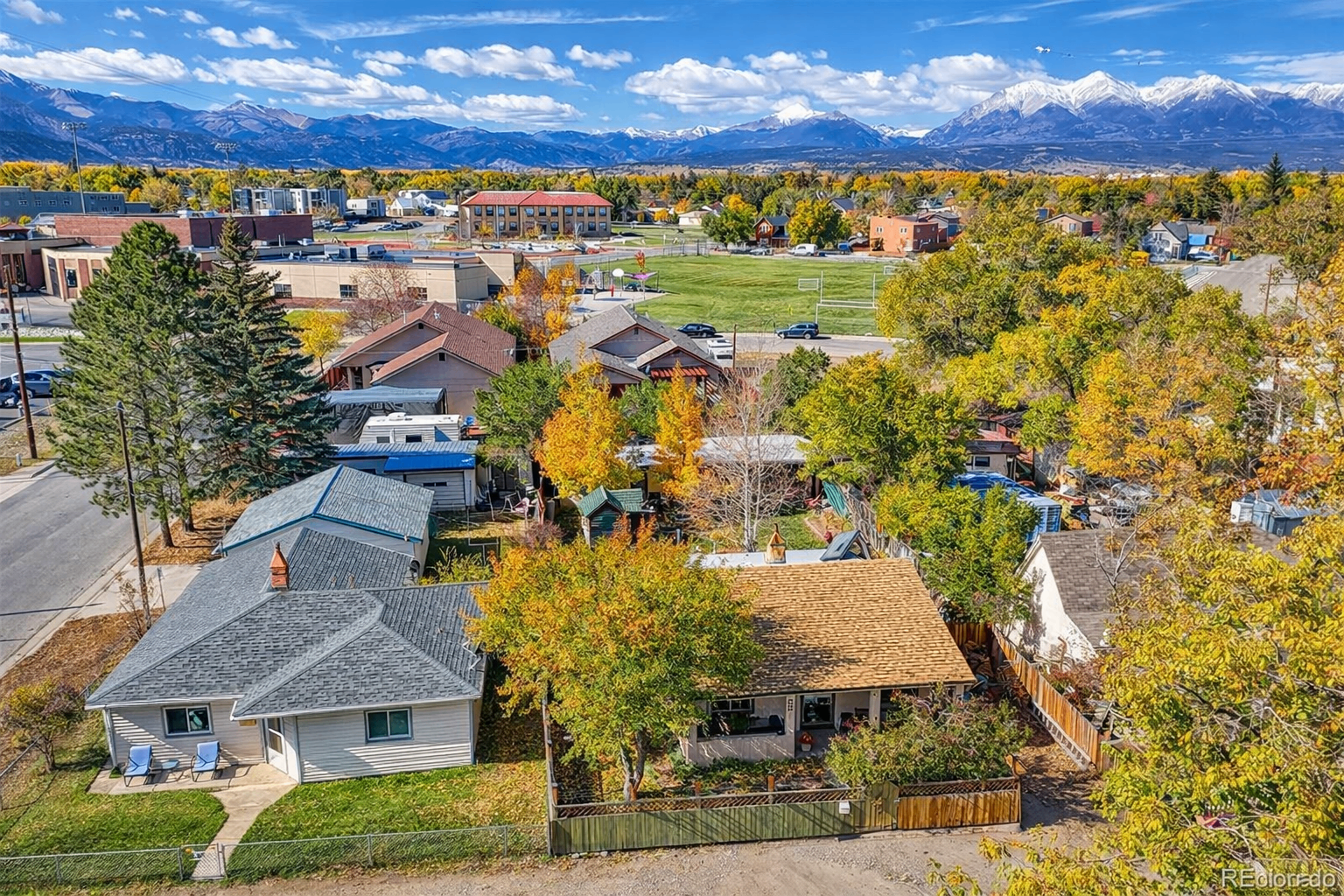 Aerial view of a Chaffee County neighborhood with the Sawatch Range in the distance