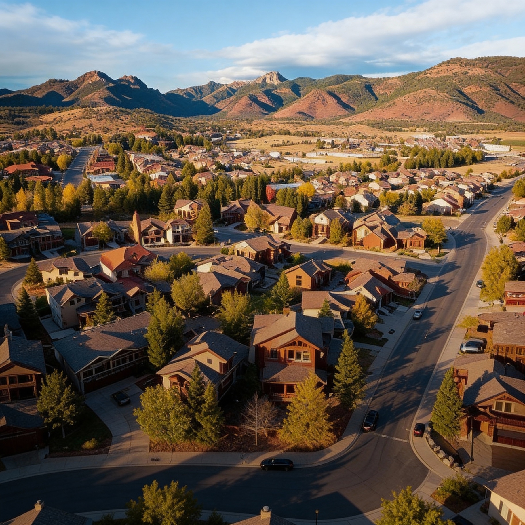Aerial view of a Salida neighborhood with mountains in the background