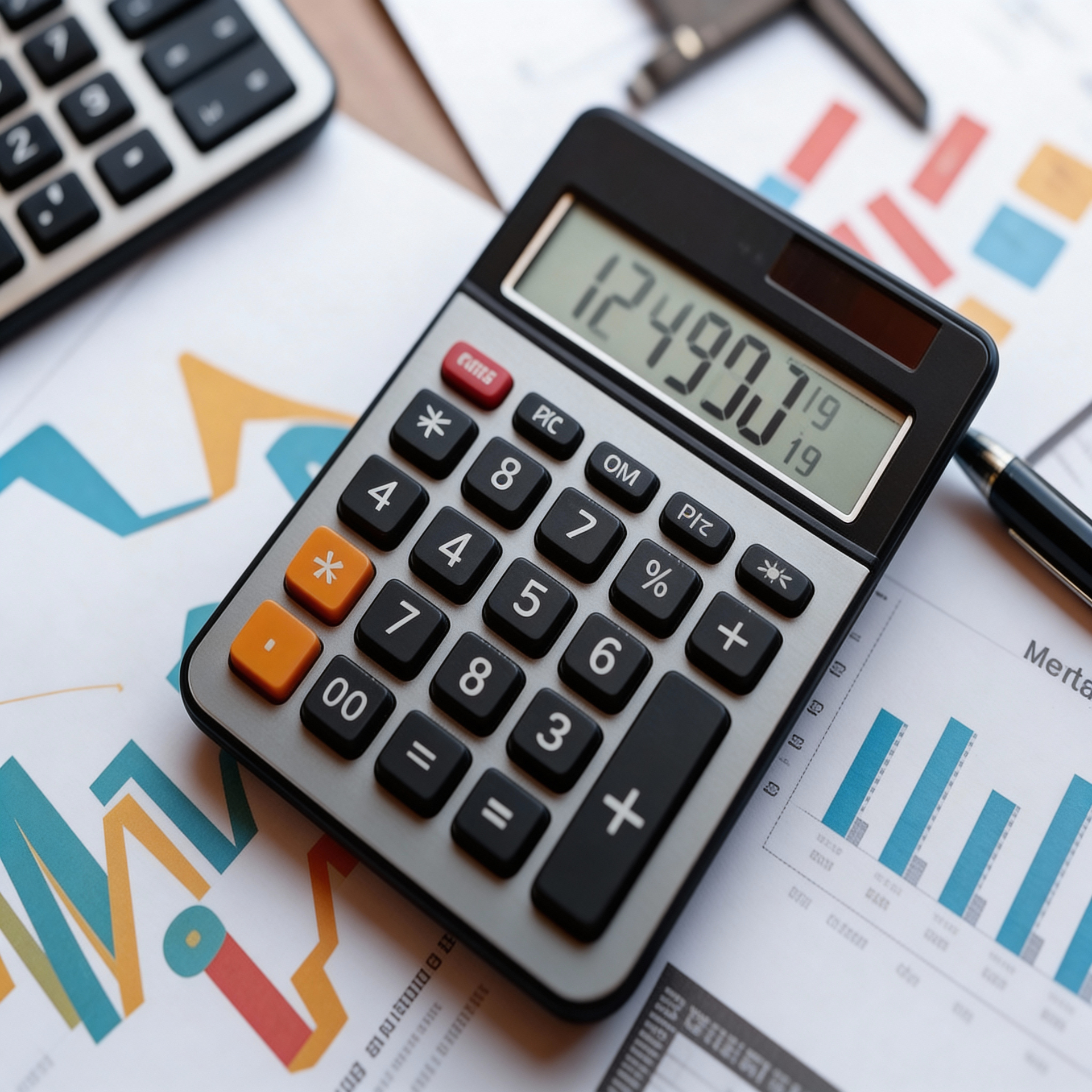 Calculator resting on financial charts and graphs