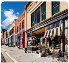 Historic downtown Salida retail storefronts with awnings