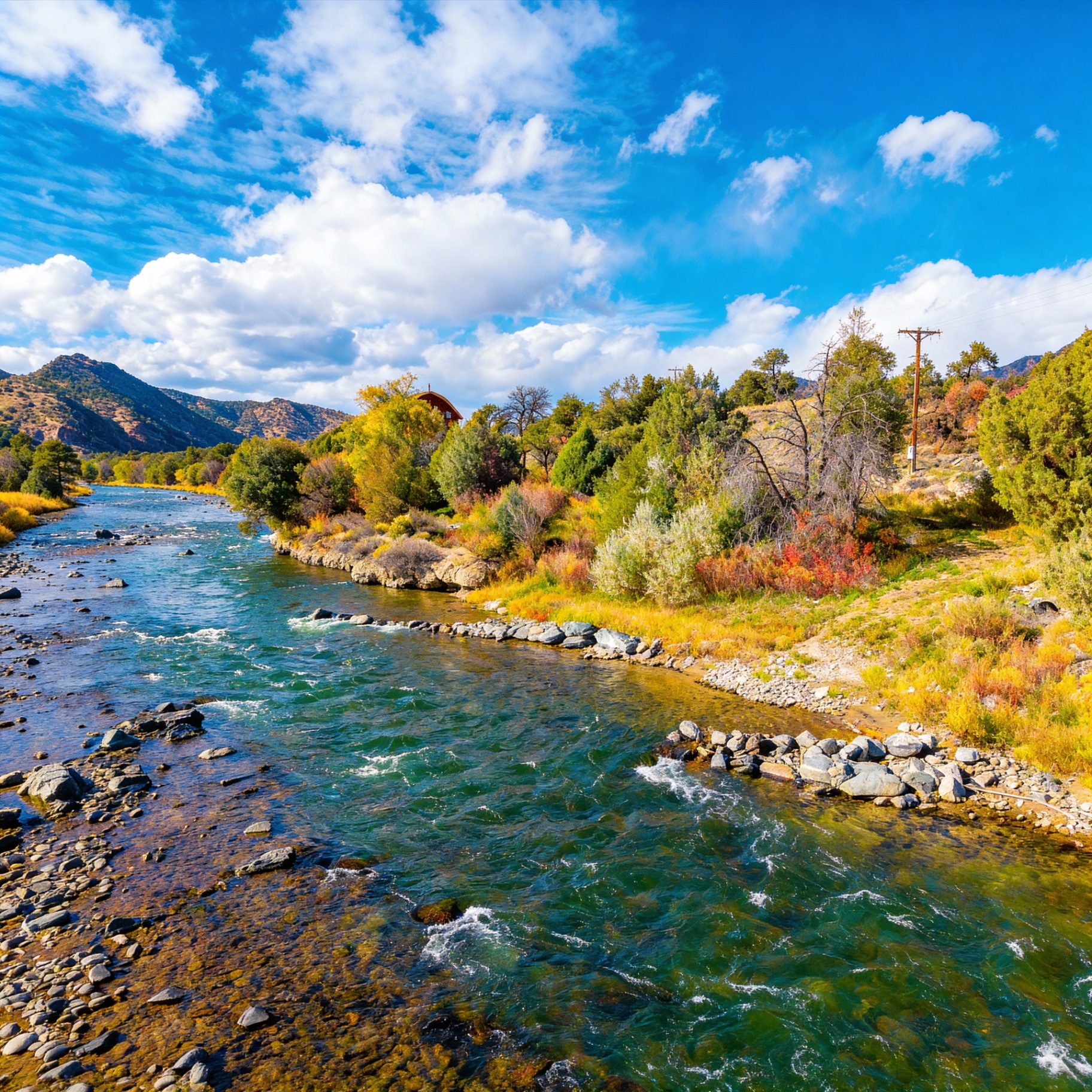 Arkansas River flowing past autumn foliage and mountains in Chaffee County