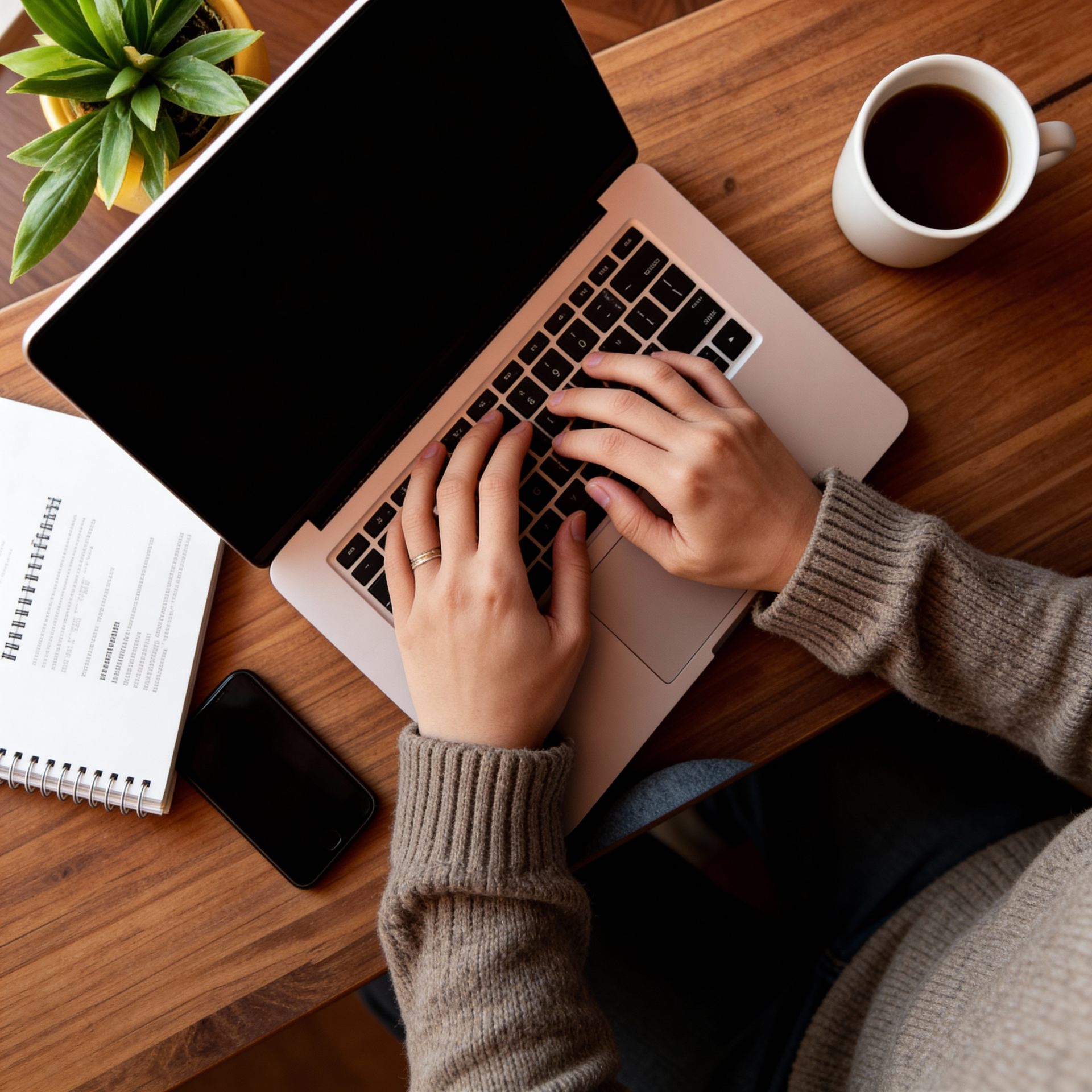 Overhead view of hands typing on a laptop with coffee and notebook